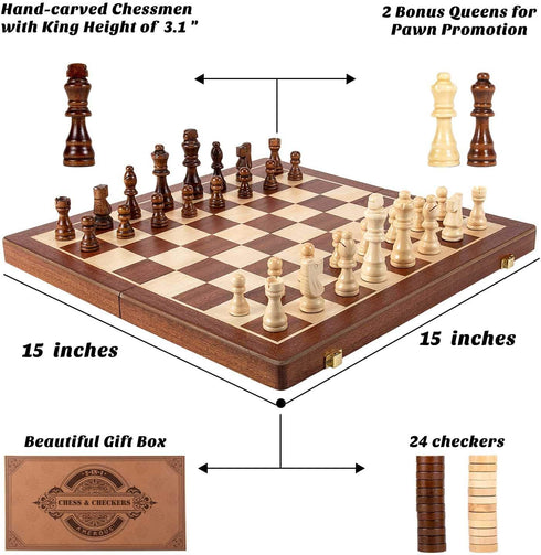 15 Inches Set (2 1) Packed -24 -2 Set AMEROUS Magnetic Wooden Chess & Checkers in - Folding Board -Gift Box Cherkers