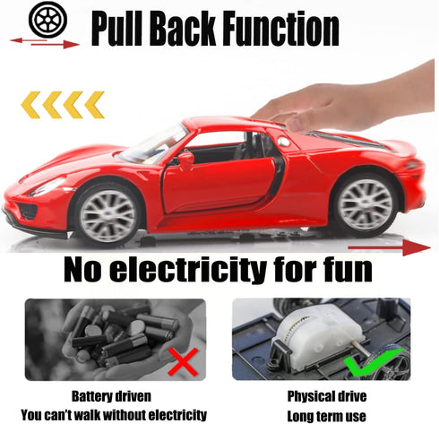 1/36 Scale Porsche 918 Spyder Diecast Model Car, Pull Back Vehicle, Gift for Boys and Girls, Red