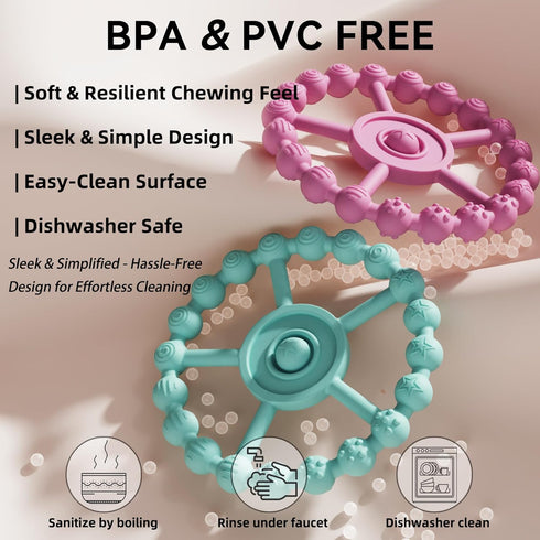 5 Pack 4 0-6 6-12 Stylish Silicone Baby Teething Toys: Teething Rings and Extra Silicone Clip, Teething Rings