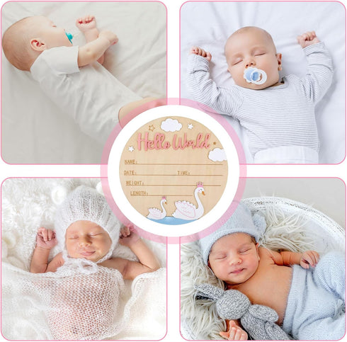 Lyreh 15cm/5.91in Birth Announcement Sign, Wooden Hello World Newborn Sign Welcome Baby Board Baby Name Plaque for Home