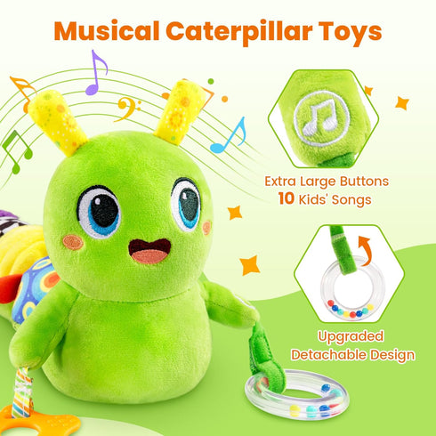 0-12 10 Tummy gogonova Baby Musical Caterpillar Toy Months, Washable Teething Rattle with Kids Songs, Infant Time Toy
