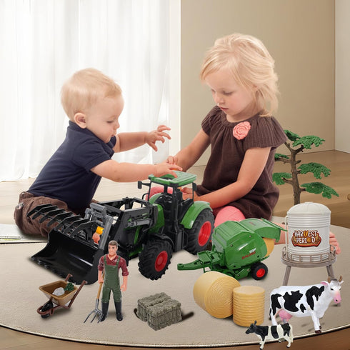 Set yset 3-7 Peagprav Farm Tractor Toys Bale Haying Round Baler with Barn, Farmer,Cow,Farm Tools,Tree Farm Tractor Pla