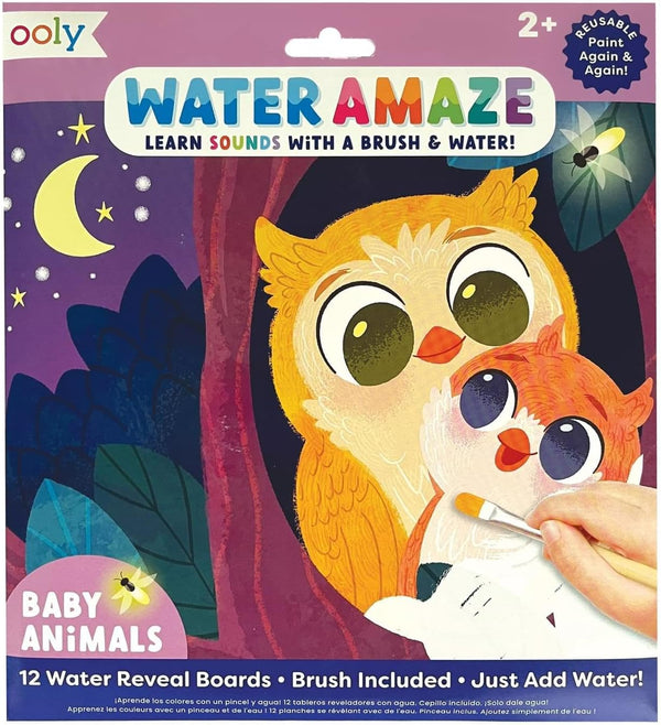 OOLY Water Amaze, 12 Reveal Boards & Brush, Reusable Water Reveal Pads for Kids, Water Coloring Books for Toddlers