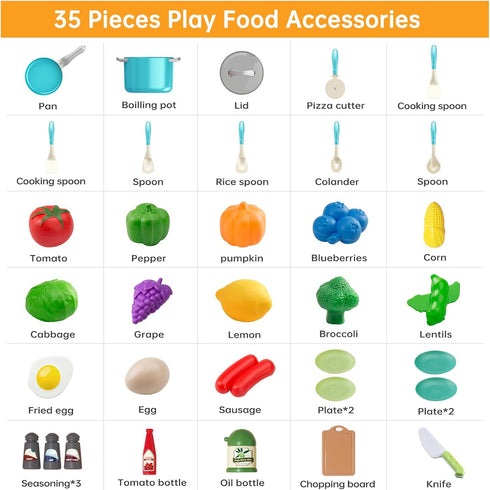 35Pcs Playset Set, Kids Kitchen Toy Accessories, Toddler Pretend Cooking with Play Pots, Pans, Utensils, Cookware, Play