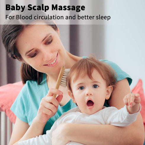 Set, Set+ Goat Baby Hair Brush Wooden Comb Massage Scalp Comb, Safe Natural Hair Care Kit, Soft Silicone Bath Brush