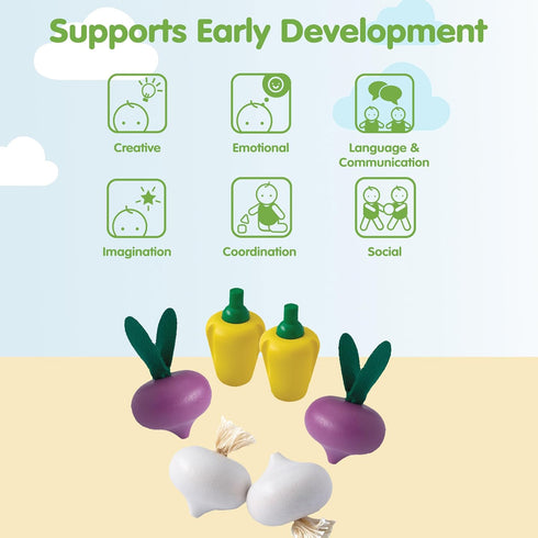 Set PlanToys Wooden Fresh Produce Red Radishes, Garlics and Yellow Bell Peppers | Pretend Play Food for Imaginative