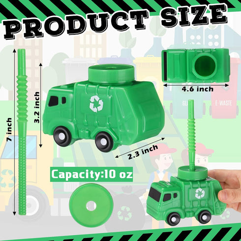 Tanlade Truck Birthday Party Favor Gifts, 10 oz Plastic Garbage Truck Shape Cup with Straws, 24 Sets