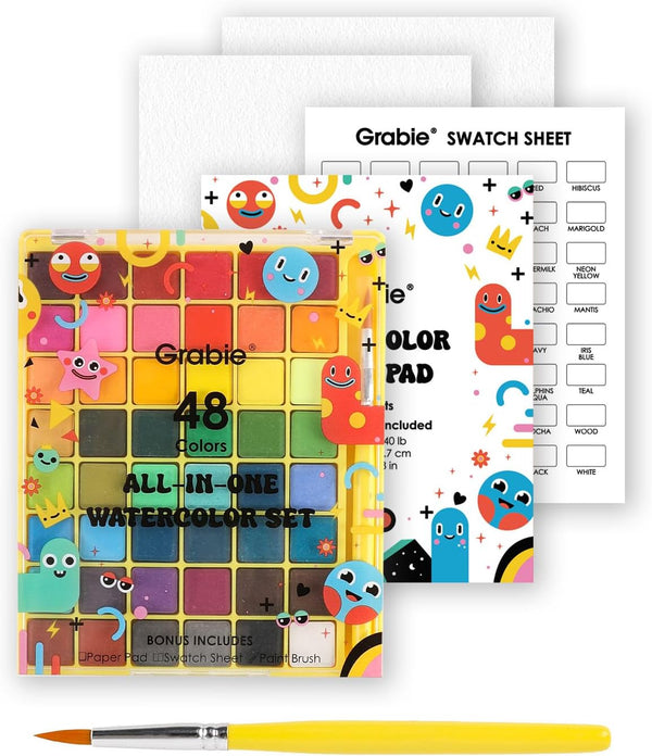 Grabie Mini Watercolor Set, 48 Colors with Brush, Paper Pad and Swatch