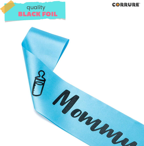 CORRURE Baby Shower Sash for Boy - 'Mommy to Be' with Blue Ribbon and Black Foil Text, Ideal for Gender Reveal