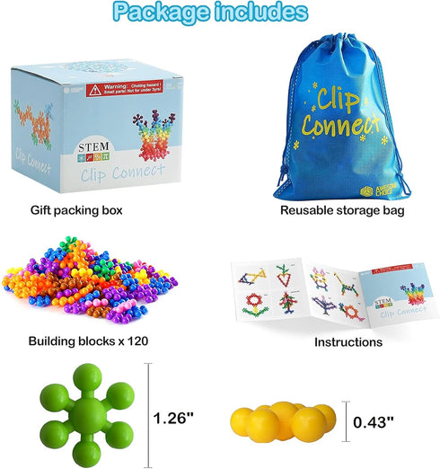 Clip Connect 120 Piece Building Blocks, STEM Building Toys Set for Kindergarten Math Manipulatives for Kids Boys Girls
