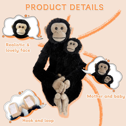 Hideekoog 2pcs Chimpanzee Hanging Stuffed Animal Mother with Baby Hangs Plush Toys, Hooks and Stuffed Animals