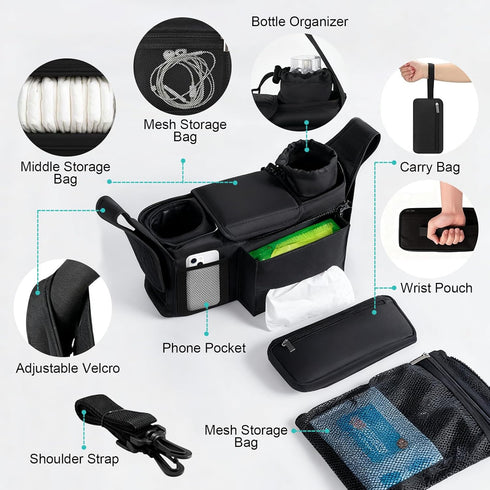 Universal Stroller Organizer with Insulated Cup Holder Detachable Phone Bag & Shoulder Strap, Bag Caddy Fits