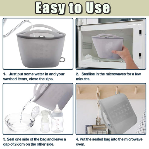 SiLnmLih (Grey-1pcs) Silicone Microwave Steam Sterilizer Bags for Travel Large Reusable Feeding Bottle Sterilization
