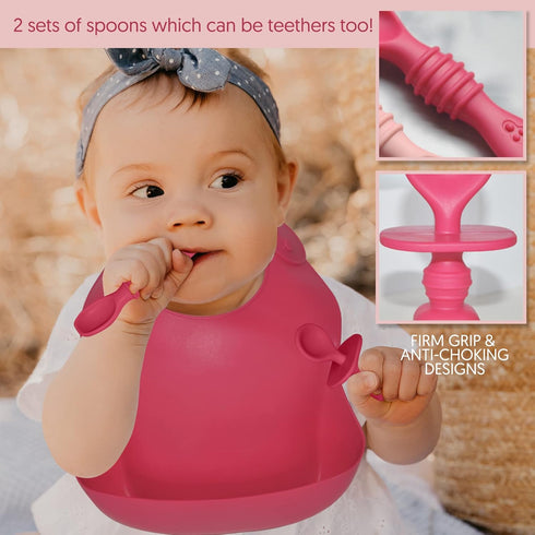 Baby Silicone Feeding Set - Set of 8 Baby Led Weaning Utensils, Smooth Waterproof Silicone Bibs, Cups for Toddlers