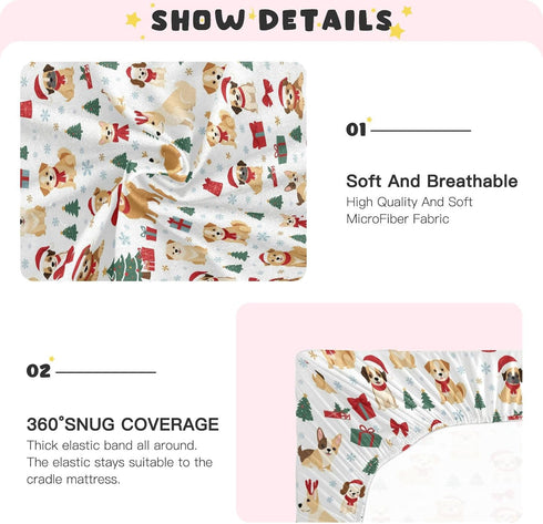 Sheet,52x28IN Pfrewn Christmas Crib Sheets for Boys Girls Christmas Dogs Trees Snow Fitted Crib Sheet Fits Standard