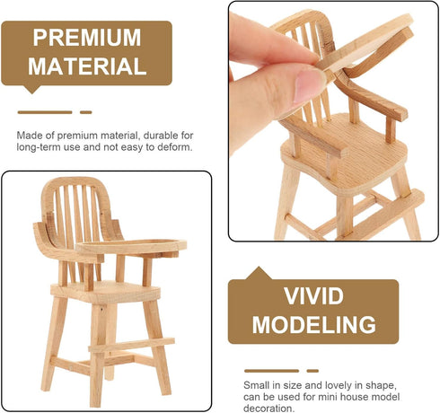 jojofuny Dollhouse Wooden High Chair, Miniature Highchair, Mini House Supplies, Mini Doll Furniture 1:12 Scale Desktop Chair Decoration Accessories