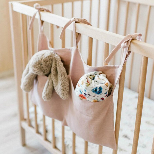 Baby Bedside Hanging Storage Bag, 2 Pockets Organizer for Crib Toy, Nursery Storage for Changing Table, Light Pink