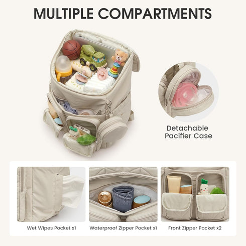 G4Free Backpack Diaper Bag for Moms Dads Travel Baby Bag with Pacifier Case & Insulated Pockets,Beige