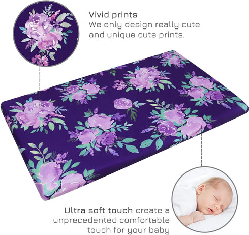 Pack Soft Purple Flower N Play Sheets for Mini Cribs - Breathable Cover