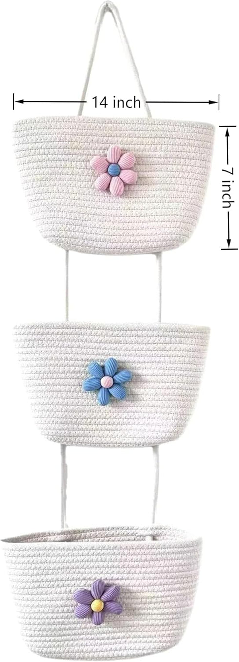 3 2 Tier Cotton Rope Hanging Wall Basket, Cute Flower Decor Wall Mounted Storage Organizer for Nursery, Bathroom