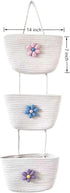 3 2 Tier Cotton Rope Hanging Wall Basket, Cute Flower Decor Wall Mounted Storage Organizer for Nursery, Bathroom