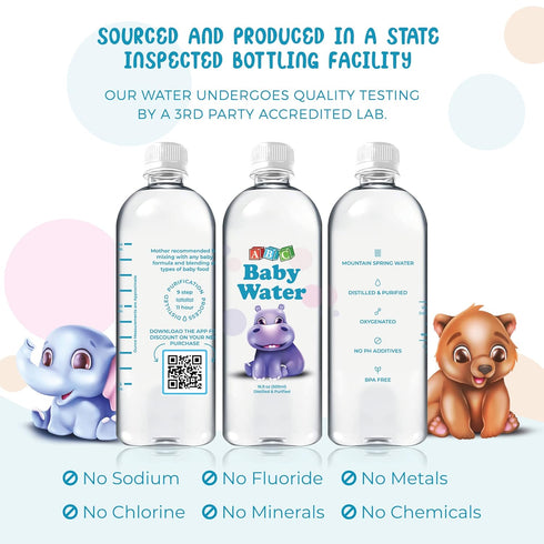 16.9 oz 24 Pack ABC Baby Water Premium Distilled Water for Babies - Healthy Purified Bottles - Formula, Cereal, Milk
