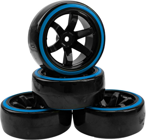 1/10 RC Drift Car Tires Hard Plastic Tyre & 12mm Hex Hub Wheel Rims 6 Spoke Compatible with Traxxas HSP Tamiya Kyosho HPI Redcat Racing MST 1/10 On-Road RC Drift Drifting Car (Blue)