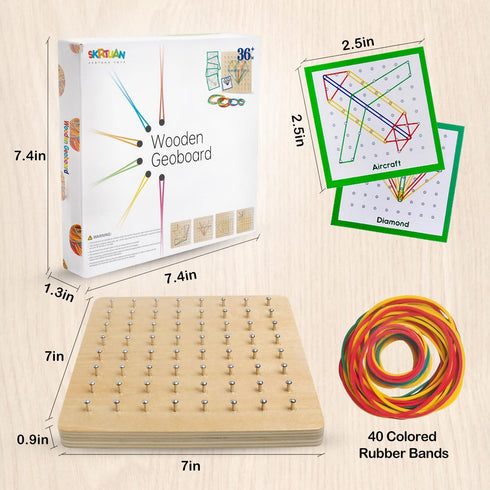 Wooden Geoboard with Rubber Bands, Montessori Educational Toy for Kids, Graphical Math Pattern Blocks & Cards
