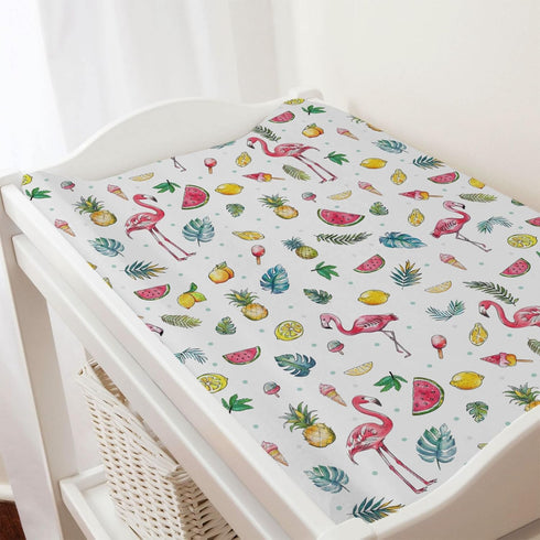 Watercolor Summer Flamingo Changing Pad Covers, Tropical Leaves, Lemon Pineapple Watermelon, Soft Stretchy Diaper