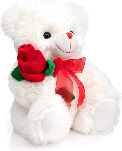 12 Inches HollyHOME Teddy Bear Stuffed Animal Rose Bear with Red Bow Soft Plush Toy Holiday Toy Gift White