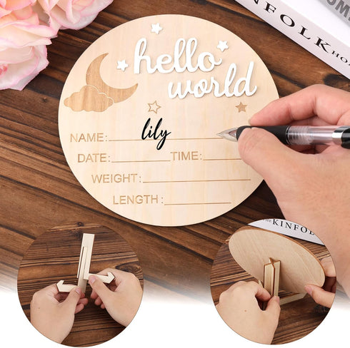 BOXOB 5.8in Wooden Hello World Newborn Sign, Birth Announcement Board Baby Name Plaque Birth Stats Board for Boys