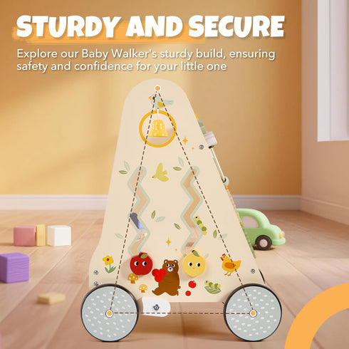 Pithfor Wooden Baby Push Walker, Baby Walker with Activity Center for Girls Boys, Montessori Sensory Push Toys