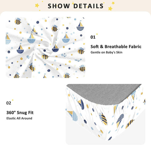 miaozhen 1 Pack 52x28 Cotton Baby Crib Sheets Soft Breathable Funny Ocean Bee White Children Crib Sheet for Nursery