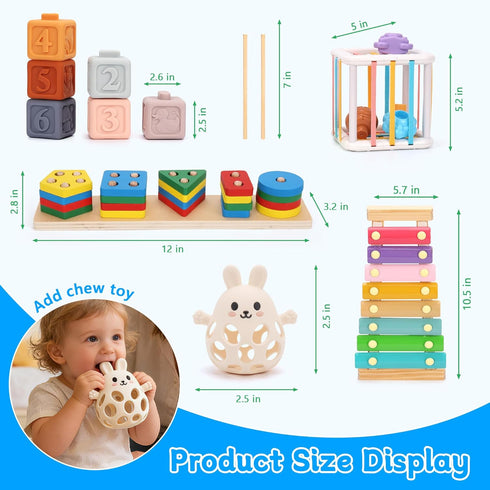 FlufiFiea 6-18 5-in-1 Set 1-3 Baby Toys for Months, Montessori Educational Toy with Soft Teething Toy Stacking Blocks