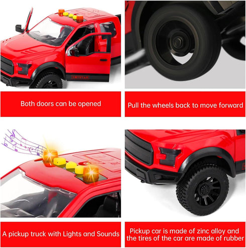 3+ Red Pickup Truck Toy with Lights and Sound Effects, Featuring Doors That Open, Toy Cars Gifts for Year Old Kids.