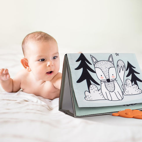 Soft Tummy Time Book with Baby Safe Mirror - High Contrast Montessori Toy with Crinkle Filling & Teether