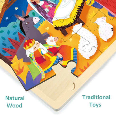 Wooden Nativity Puzzle for Kids Ages 3-5 - 24 Piece Christmas Jigsaw Puzzle with Tray for Toddlers