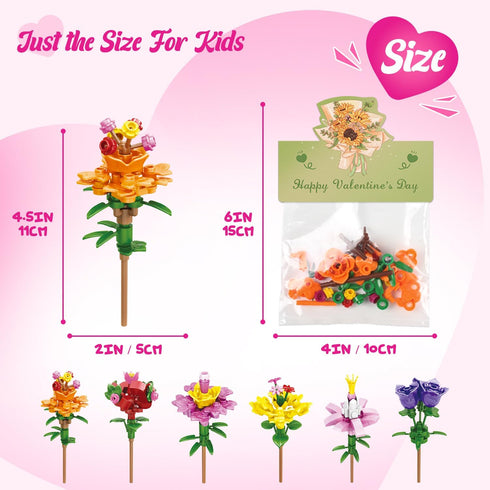 Deerher 24 Pack Prepacked Valentines Day Gifts for Kids - Valentine's Day Cards with Flower Building Blocks Crafts