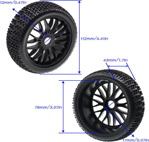 4PCS Treehobby 112mm X 43mm Rubber RC Wheel 17mm Hex Hub Wheels and Tires Set Compatible with 1/8 RC Buggy Off-Road Cars