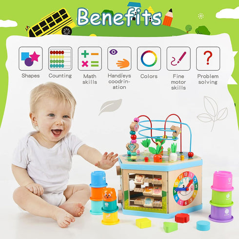 Wooden Activity Cube for 1 Year Old Kids, Educational Bead Maze for Toddler Age 1-3, Montessori Gift