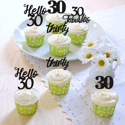 24 PCS 30th Birthday Cupcake Toppers, Hello 30 Cake Topper, Thirty 30 & Fabulous Cupcake Picks, 30th Birthday