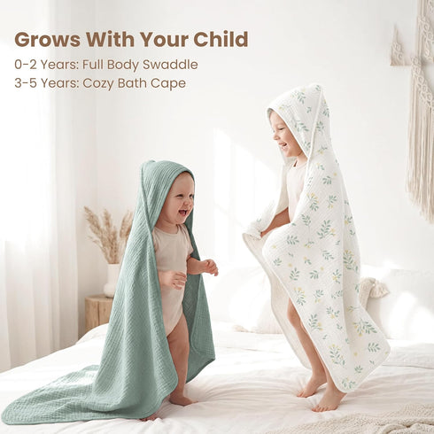 2-Pack 100% Leafy,32" 32") Konssy Muslin Hooded Baby Towels, Cotton, Ultra-Soft & Absorbent Baby Bath Towels with Hood