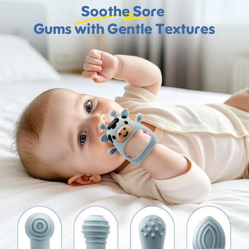 2 Packs 0-6 6-12 TOHIBEE Baby Teething Toys for Months, Food Grade Silicone Adjustable Cow Teething Mitten, Chew