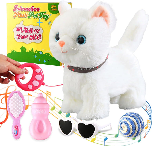 Marsjoy White Leash Walking Cat Set Singing That Purrs and Meows Animated Plush