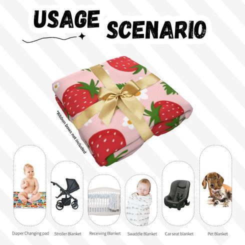 Midaivu Set 0-6 Cartoon Strawberry Swaddle Blanket for Newborns Baby Swaddle with Headband and Matching Hat New Born