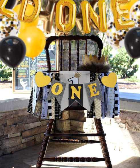 Wild One Birthday Decorations for Boys, Black and Gold Balloons, High Chair Banner, Cake Toppers, 1st Birthday Supplies