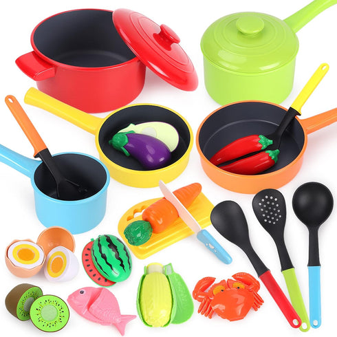 GILOBABY Kids Play Kitchen Accessories - Complete Cooking Toy Set with Pots,