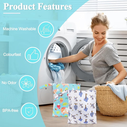 HAIJSEVR 2 Pack Waterproof Wet Bag, Cloth Diaper Wet Dry Bags with Zipper, Washable Travel Bags for Stroller Daycare