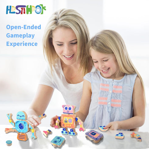 28 Playset, 3 4 5 6 7 8 Wooden Snap Together Building Toys, STEM Blocks Toys, Pcs Robot Take Apart Toys Montessori