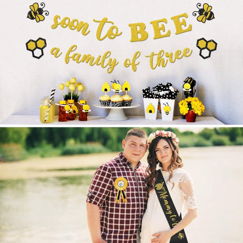 Bumble Bee Baby Shower Decoration Set, Soon to Bee A Family of Three Banner, Gender Reveal Party Supplies